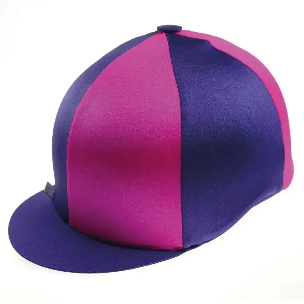 A vibrant pink and purple striped capz two-tone cap cover made of smooth satin-like fabric for versatile use