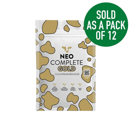 White and gold cow print pouch of cargill neo complete gold colostrum replacer for healthy calf feeding