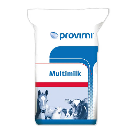 White and blue packaged bag of cargill provimi mulitreimilk animal feed for livestock nutrition