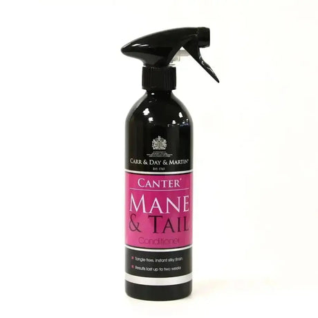 Black spray bottle with vibrant pink label featuring Carr Day And Martin Canter silk mane and tail conditioner for tail sleek care