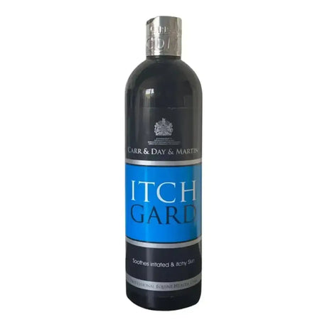 Black bottle of carr & day martin itchgard anti-itch lotion with blue label and silver cap for equine care