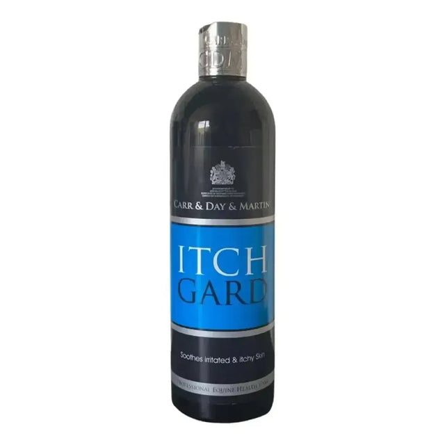 Black carr & day martin itchgard bottle with blue label and silver cap anti-itch lotions for horses