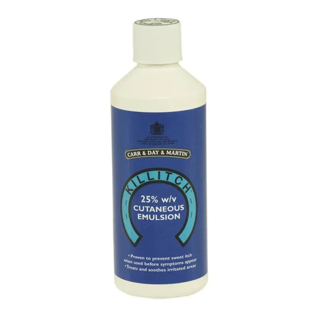 Blue-labeled bottle of Carr Day and Martin killitch emulsion containing 25% benzyl benzoate for sweet itch treatment