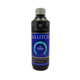 Black plastic bottle with silver cap and blue label featuring killitch the original lotion by carr day and martin for martin killitch use