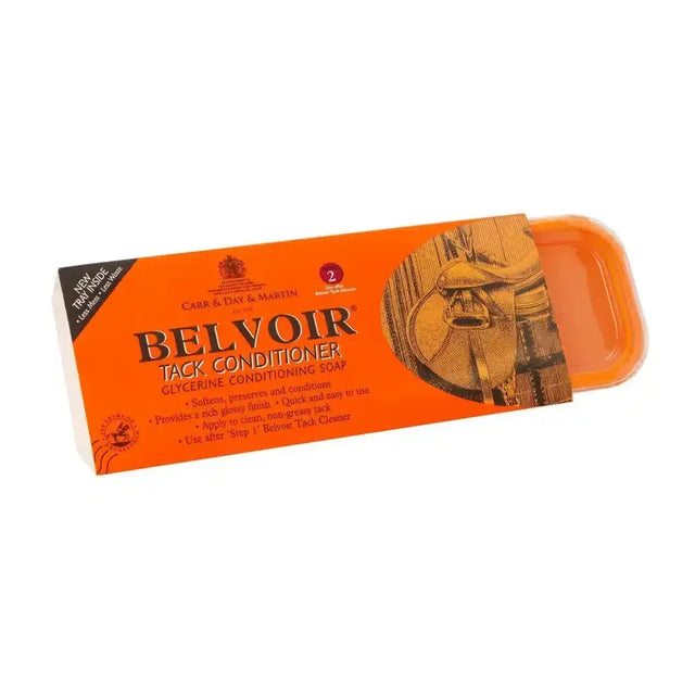 Orange rectangular bar of carr & day martin belvoir tack conditioner soap in branded packaging for leather care