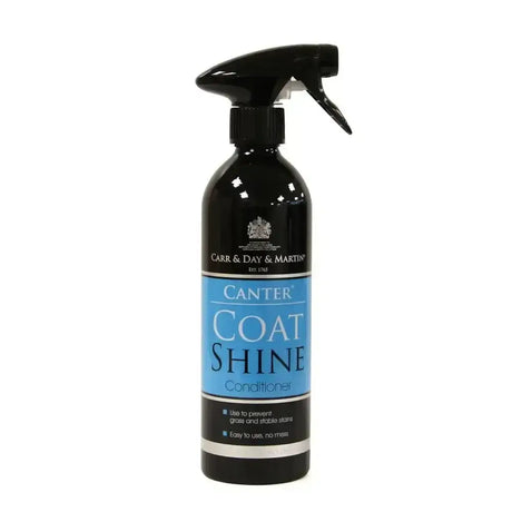 Black spray bottle of carr and day and martin canter coat shine conditioner with blue label and silver accents