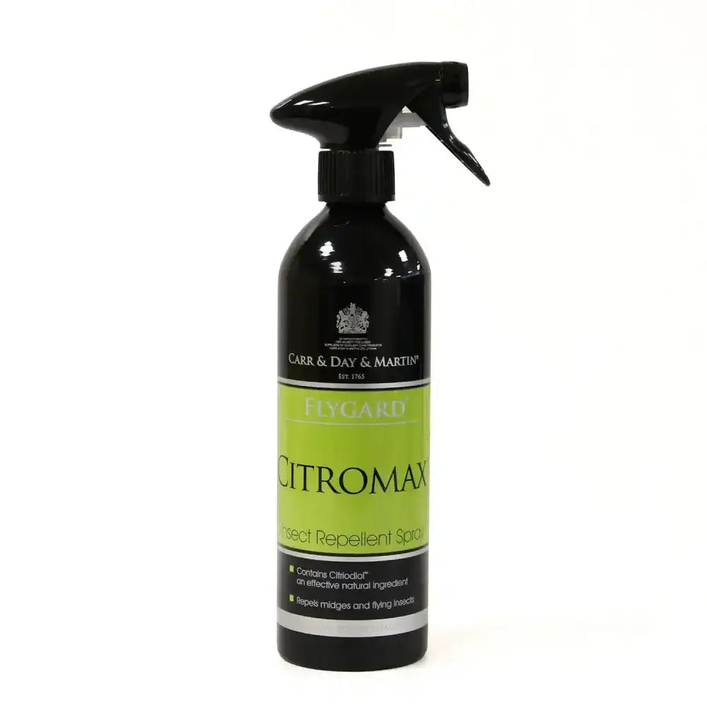 Black spray bottle with lime green label featuring carr & day martin citromax insect repellent spray product