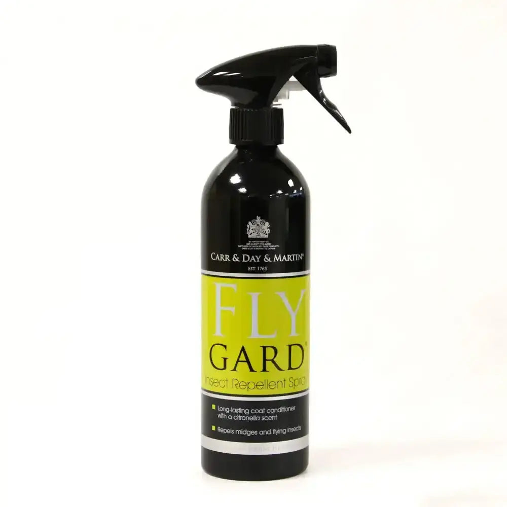Black spray bottle of carr & day martin flygard insect repellent with bright lime green label for fly protection
