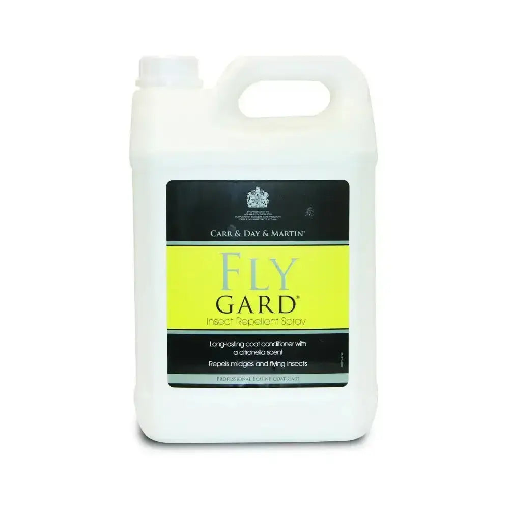 White plastic jug of carr & day martin flygard insect repellent spray with bright yellow and black label