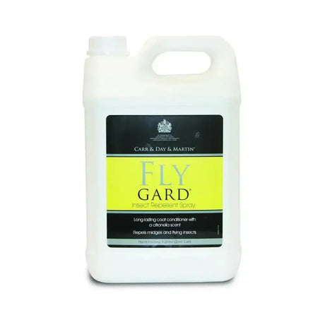 White plastic jug of carr & day martin flygard insect repellent spray with bright yellow and black label