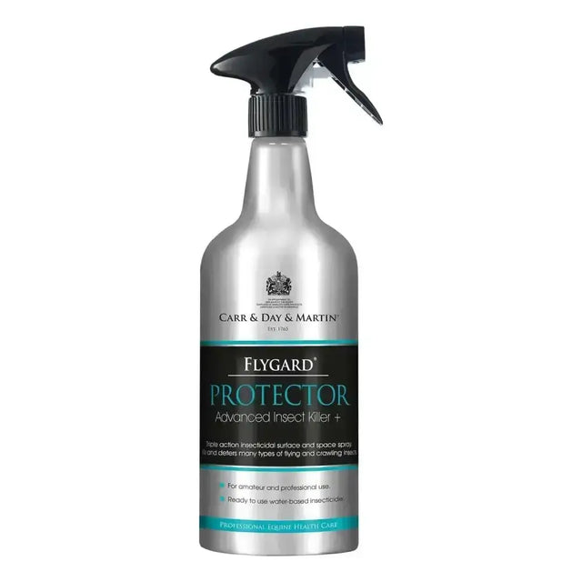 Silver spray bottle with black trigger labeled flygard protector advanced insect killer by carr & day martin flygard protector