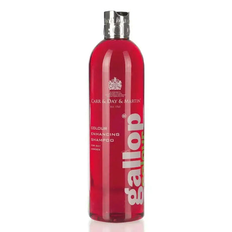 Red plastic bottle of carr day martin gallop colour shampoo for enhancing bay horse coat color