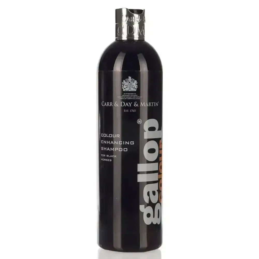 Black plastic bottle of carr day martin gallop colour shampoo for black horses with silver cap and white lettering