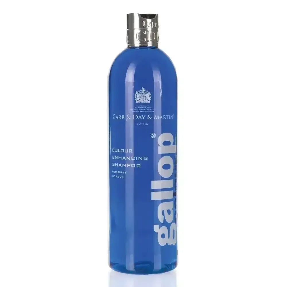 A sleek translucent blue bottle of carr day martin gallop colour shampoo for enhancing grey horse coats