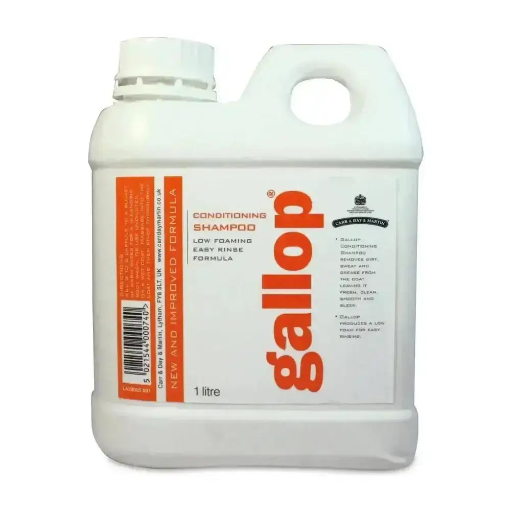 White plastic jug of carr & day martin gallop conditioning shampoo 1 litre with orange and black labeling