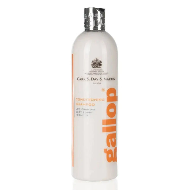 A sleek white carr & day bottle of martin gallop conditioning shampoo with an orange label and silver cap