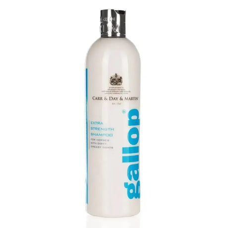 White plastic bottle of carr & day & martin gallop extra strength shampoo for dirty greasy horse coats