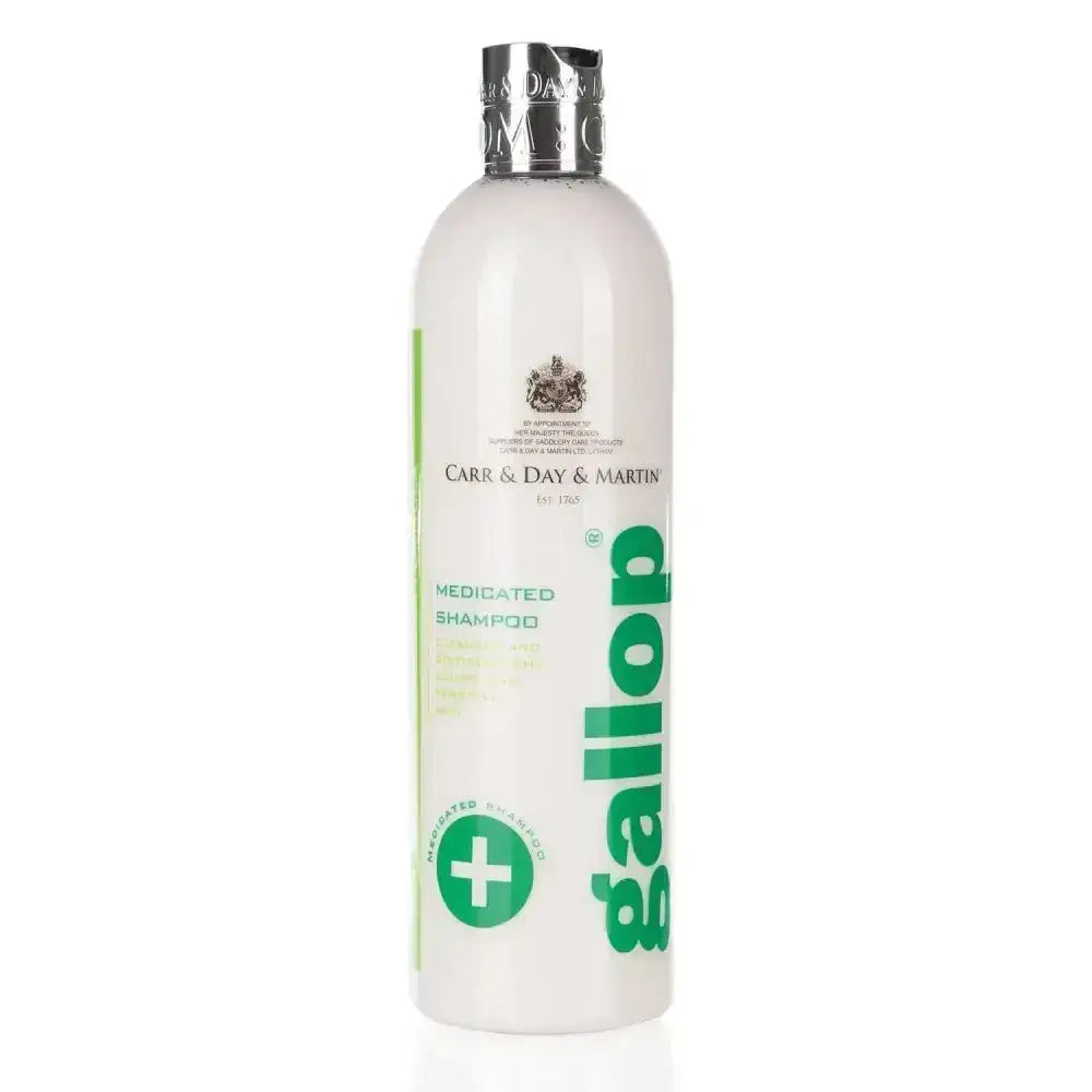 White plastic bottle of Carr & Day & Martin gallop medicated shampoo with silver cap and green labeling for coat conditioners gallop