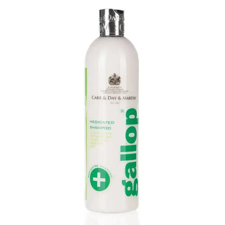 White plastic bottle of Carr & Day & Martin gallop medicated shampoo with silver cap and green labeling for coat conditioners gallop