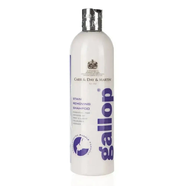 A sleek white bottle of carr & day martin gallop stain removing shampoo with a silver cap and purple branding