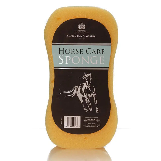 Yellow soft sponge with black carr day martin label and horse illustration for martin horse care use