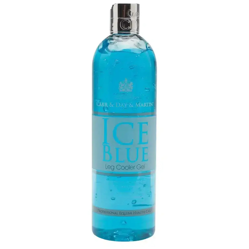 A transparent bottle of carr & day & martin ice blue blue leg cooler gel with a silver cap for refreshing leg relief