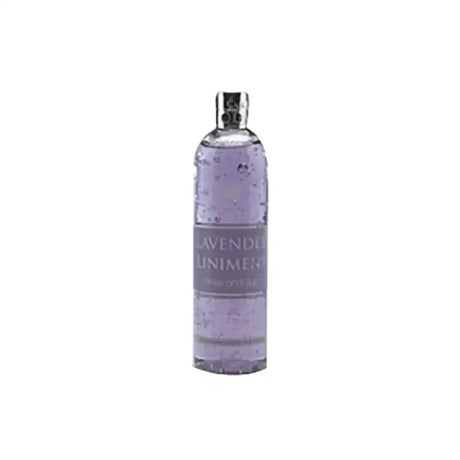A sleek transparent glass bottle of carr & day martin lavender liniment with silver cap and lavender liquid inside