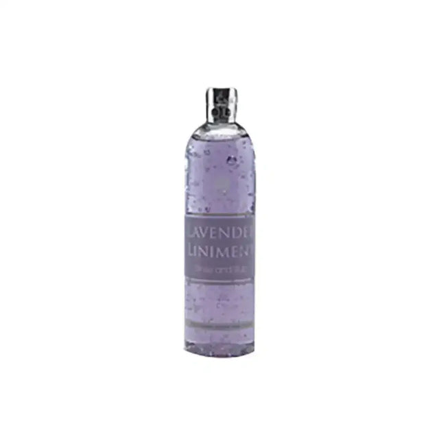 A sleek transparent glass bottle of carr & day martin lavender liniment with silver cap and lavender liquid inside