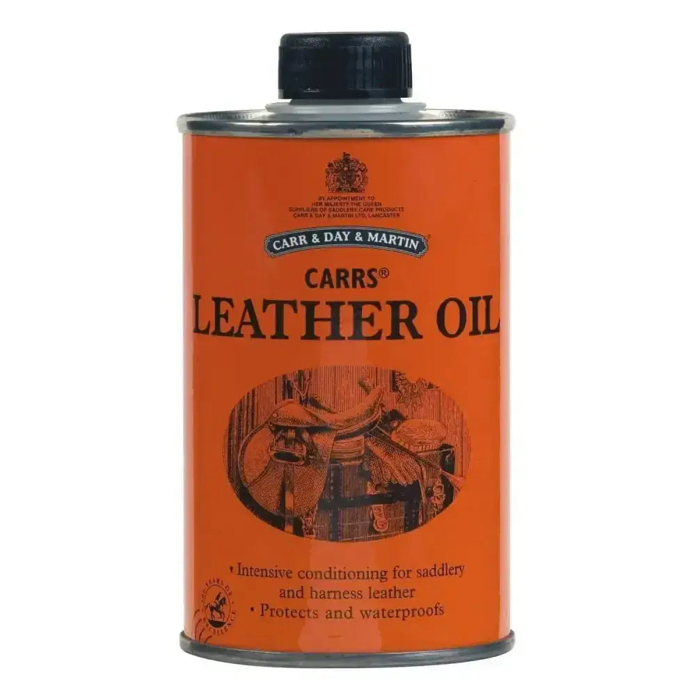 Orange cylindrical can of carr & day martin leather oil 300ml with black cap embossed branding that intensively nourishes