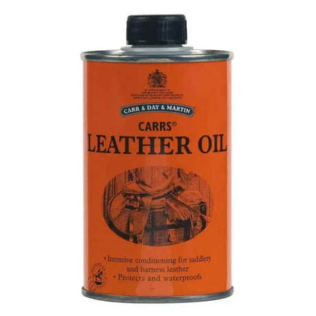 Orange cylindrical can of carr & day martin leather oil 300ml with black cap embossed branding that intensively nourishes