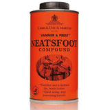 Bright orange cylindrical tin of carr & day martin neatsfoot compound with black ribbed cap for leather care