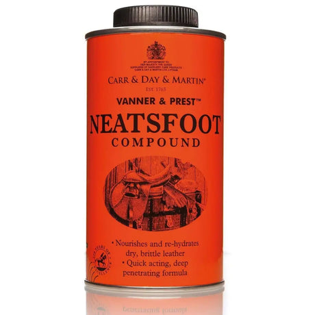 Bright orange cylindrical tin of carr & day martin neatsfoot compound with black ribbed cap for leather care