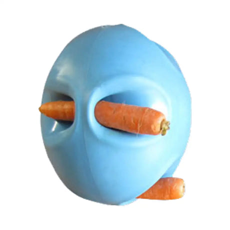 Blue plastic carrot ball holder with three orange carrots in eye and mouth slots for pony intelligent toy play