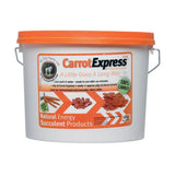 White plastic bucket with orange lid and carrotexpress label containing air-dried carrot pieces for horse treats