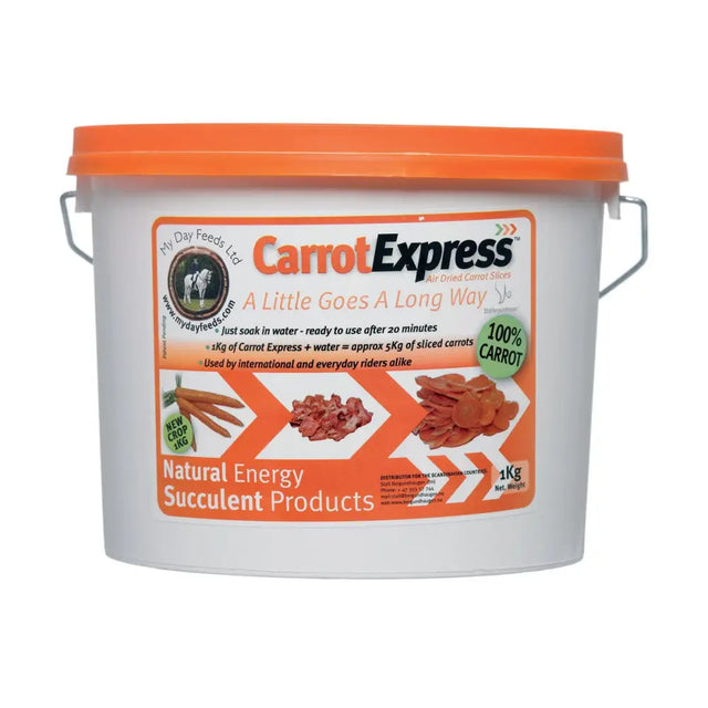 White plastic bucket with orange lid and carrotexpress label containing air-dried carrot pieces for horse treats