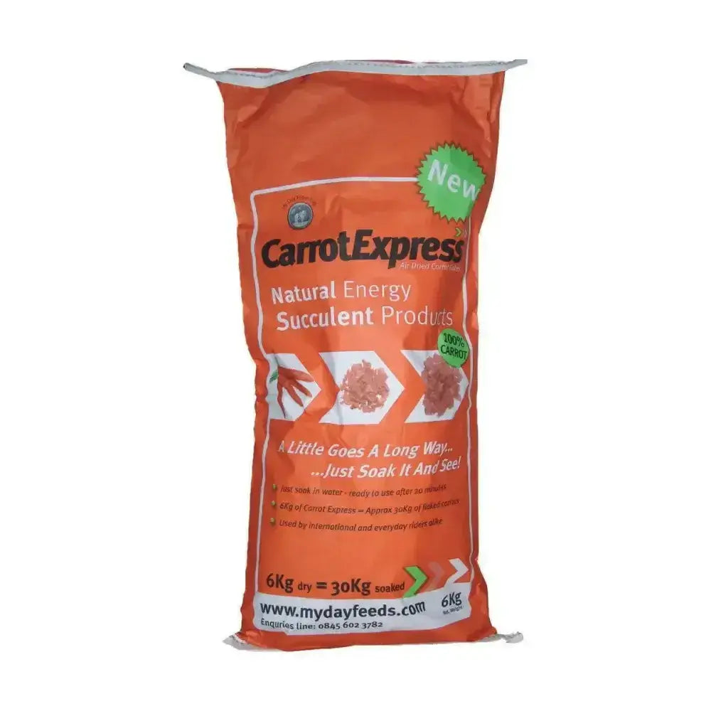 Orange bag of carrotexpress natural energy air-dried carrot pieces horse treats 6kg dry feed expanding to 30kg
