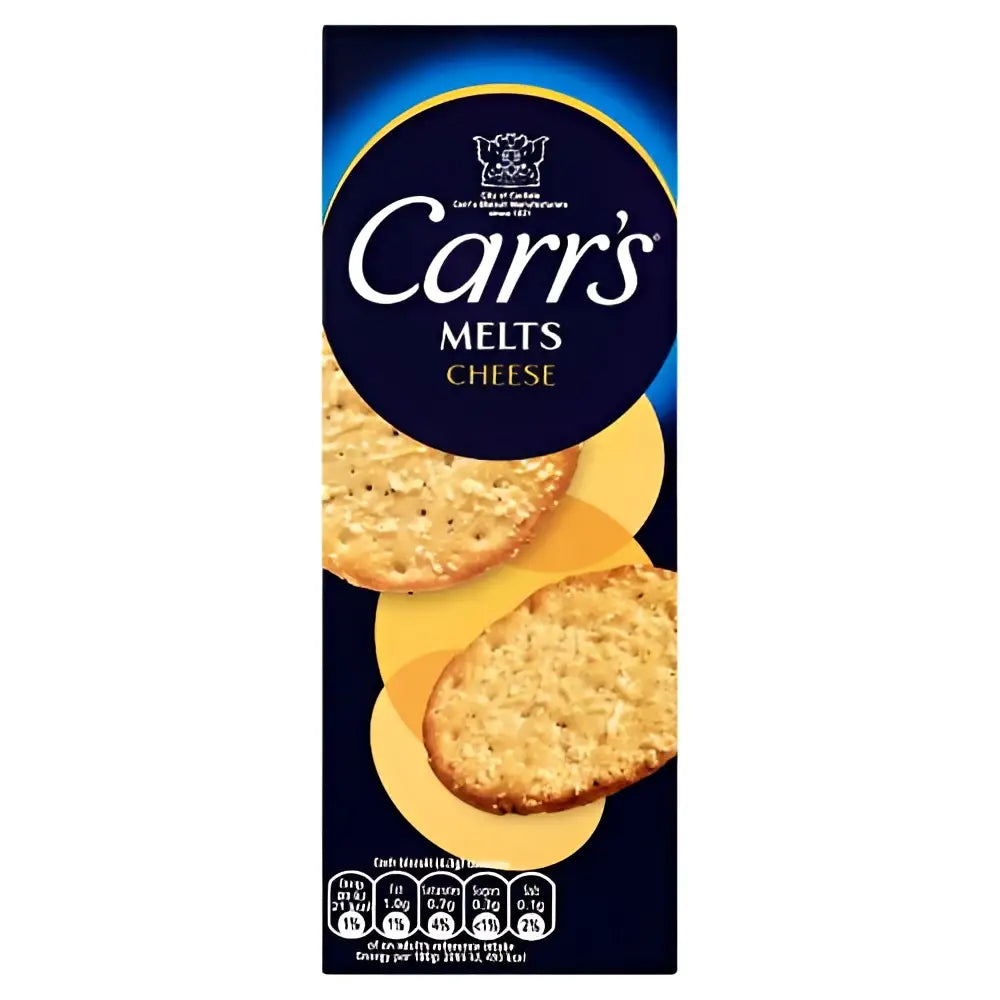 Carrs cheese melts melts cheese biscuits in dark blue pack with golden brown round cheese biscuits and yellow cheese slices