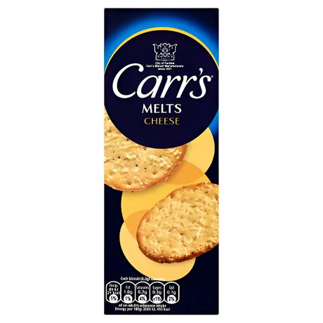 Carrs cheese melts melts cheese biscuits in dark blue pack with golden brown round cheese biscuits and yellow cheese slices