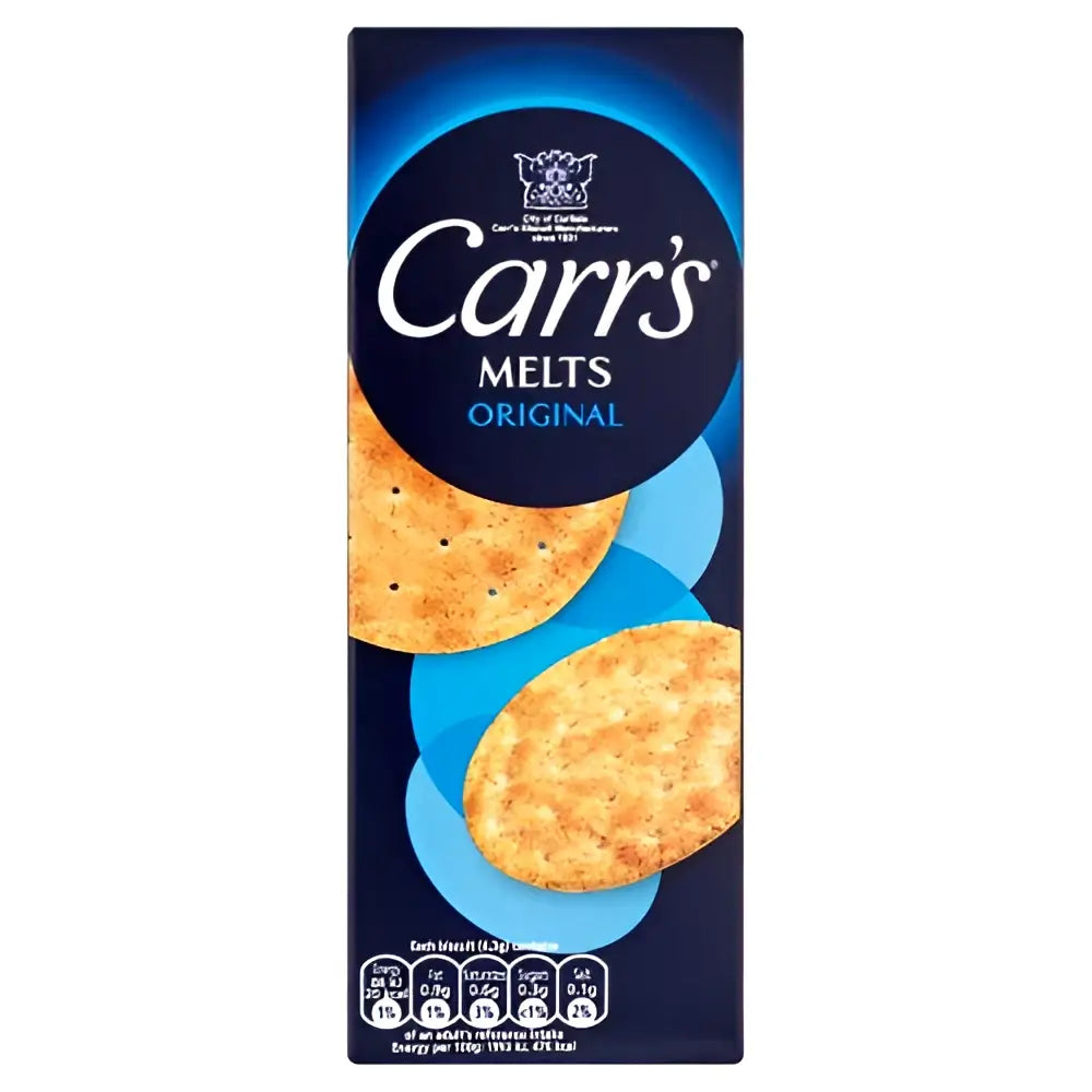A navy blue box of carrs original crackers featuring golden-brown round original crackers for cheese