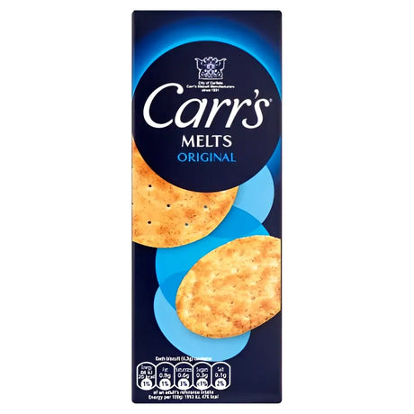 A navy blue box of carrs original crackers featuring golden-brown round original crackers for cheese