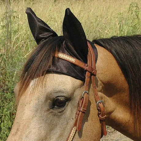 Black mesh ear bonnet with tan leather straps and braided detailing from cashel comfort ears to eliminate dangerous head tossing