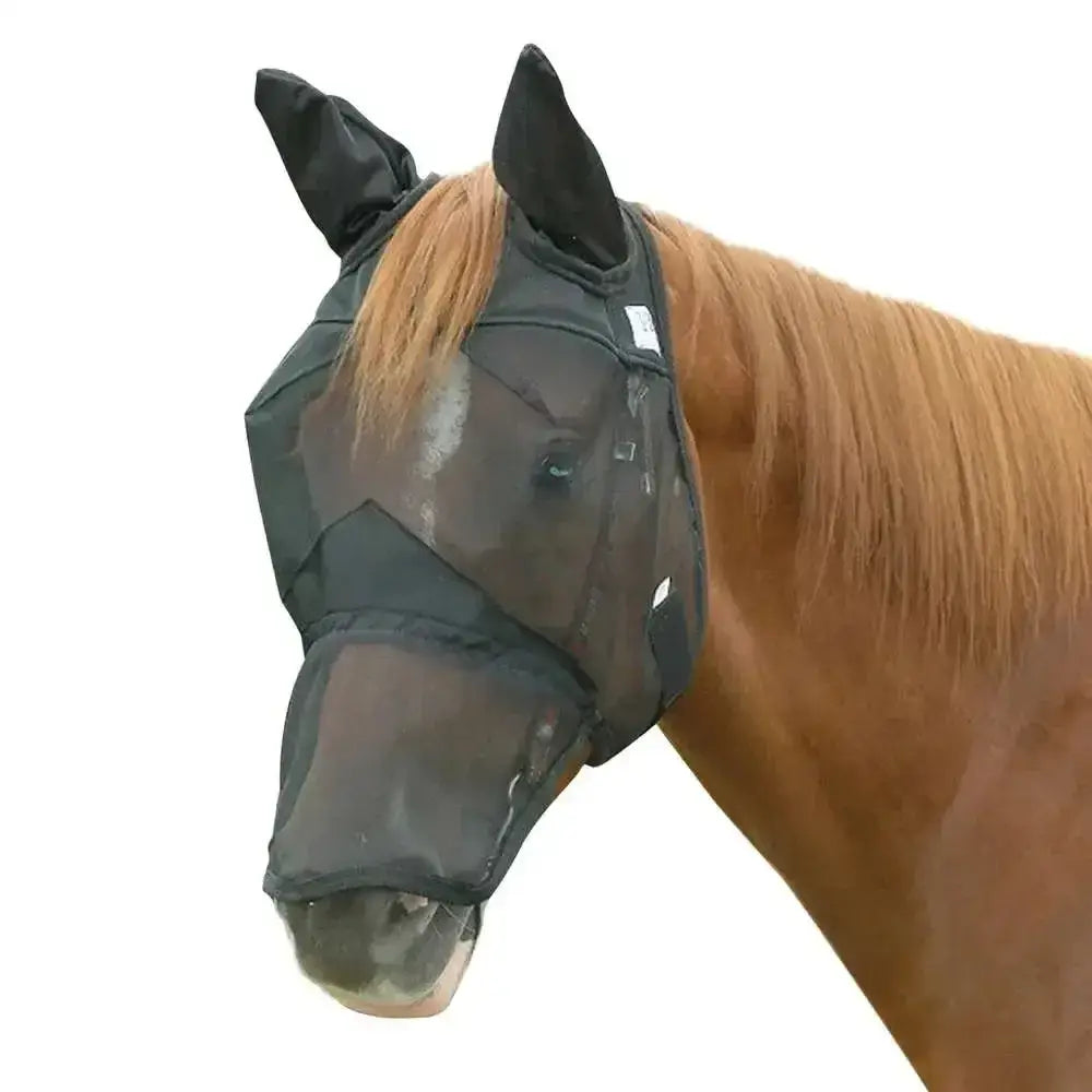 Black mesh cashel crusader quiet-ride fly mask with adjustable ear flaps and reinforced stitching for horses