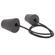 Black cashel foam equine ear plugs connected by a braided cord for comfortable noise reduction in horses