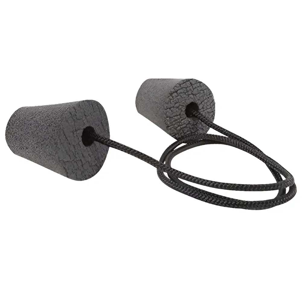 Black cashel foam equine ear plugs connected by a braided cord for comfortable noise reduction in horses