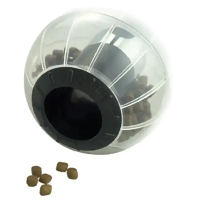Clear plastic spherical catrine catmosphere cat toy with black base filled with brown kibble for playful cats