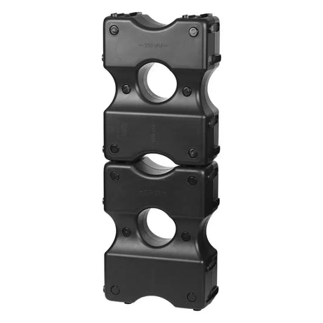 Black plastic cavaflex block horse jumping block with three stacked sections and circular openings for cable management