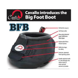 Black cavallo big foot hoof boot with heavy-duty nylon upper and replaceable velcro closure system for horses