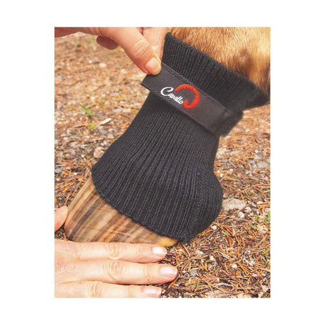 Black knitted cavallo comfort sleeve hoof protector with red and white logo band for cavallo hoof boots