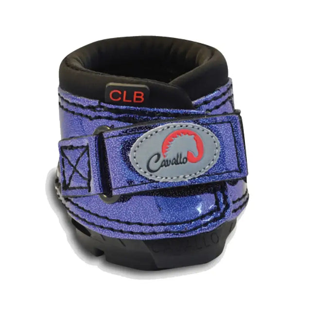 Purple glitter heavy duty industrial hoof boots with black rubber sole and cavallo cute logo strap