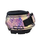 Iridescent purple and pink cavallo cute hoof boots with black padded interior, adjustable strap, and rubber sole